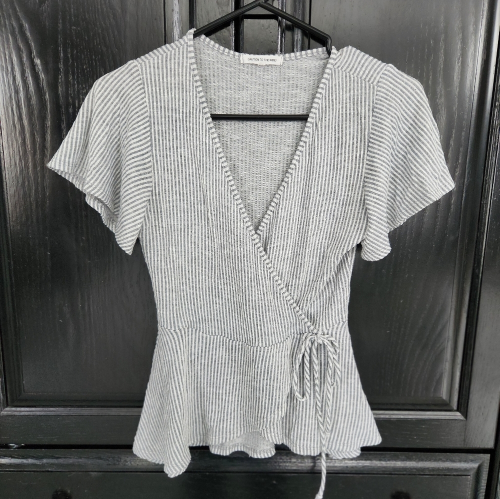 Caution to the Wind - Striped Wrap Top